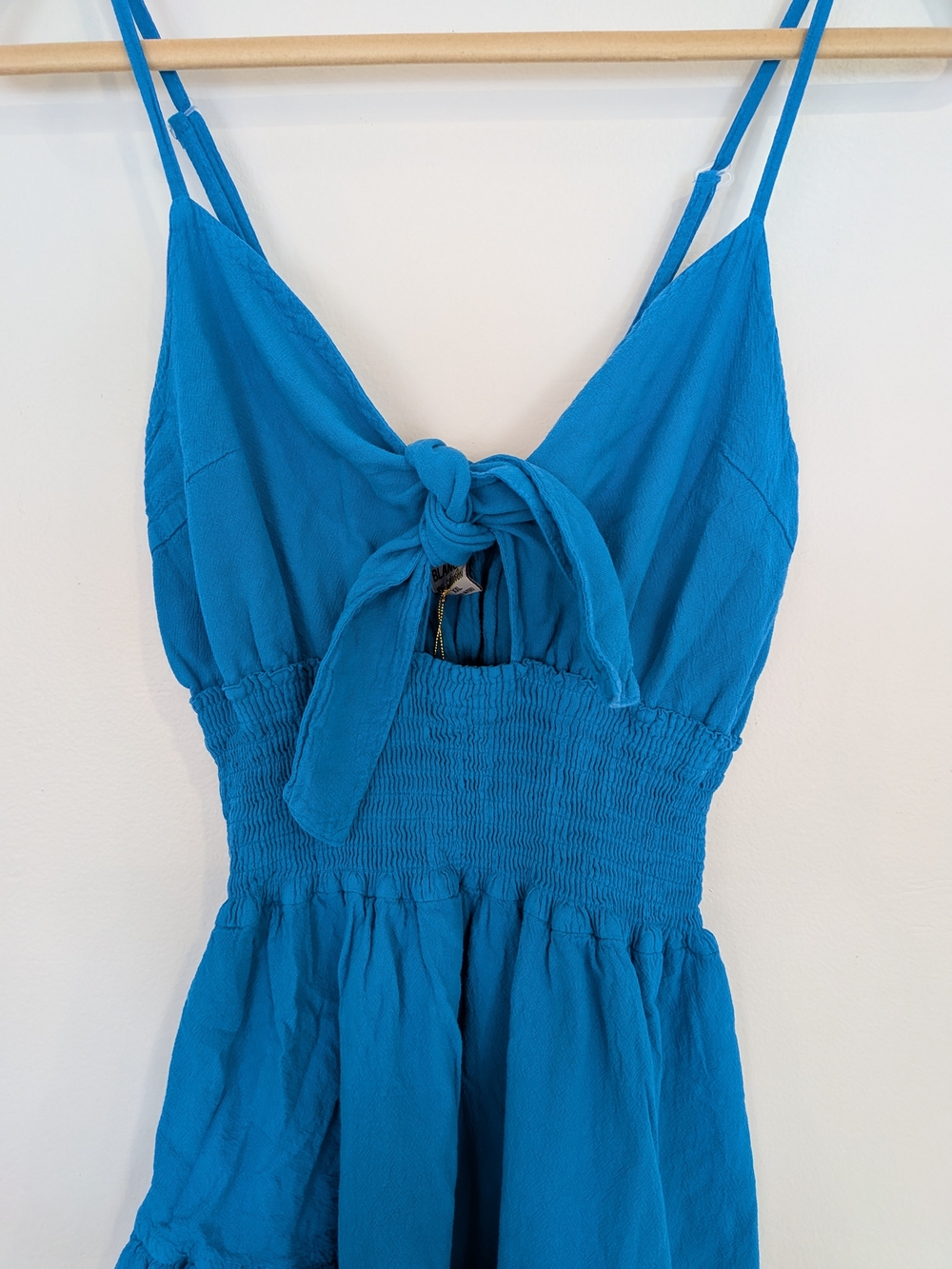 100% Cotton Tie Front Dress Vibrant Ocean Sky Blue Rushed Waist Summer Dress S/M